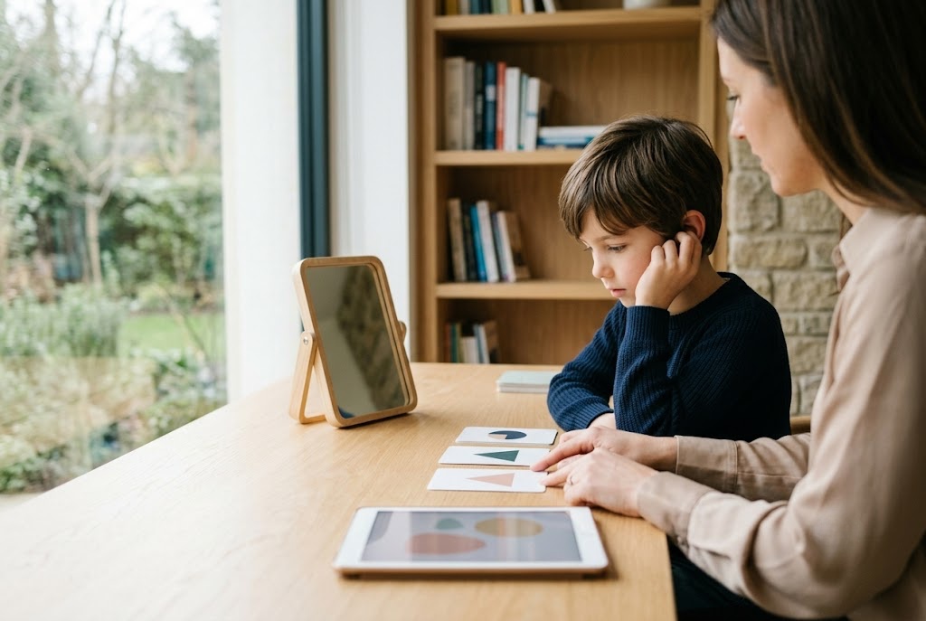 Mutter und Kind arbeiten mit Formkarten und Spiegel am Tisch