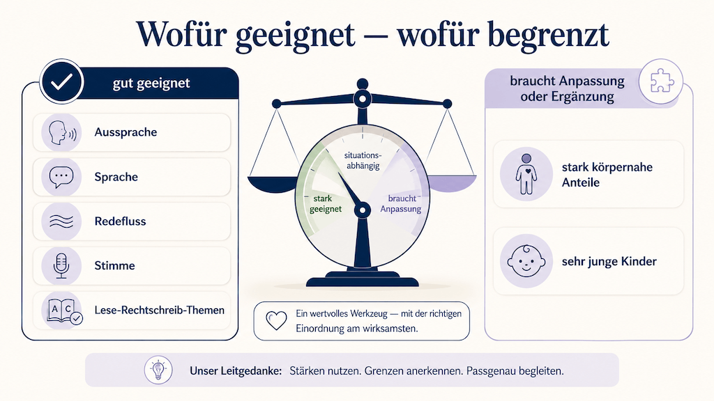 Gegenüberstellung: wofür Online-Sprachtherapie gut geeignet ist und wofür sie Anpassung braucht (KI-generiert) (KI-generiert)