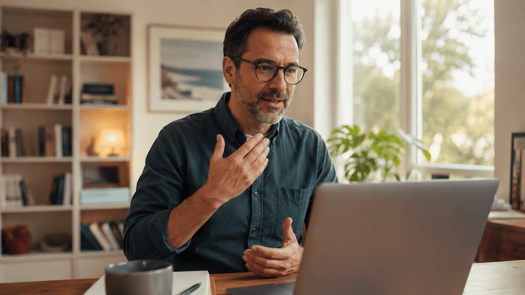 Mann arbeitet zu Hause am Laptop in einer Online-Sprachtherapie-Sitzung und übt seine Stimme (KI-generiert) (KI-generiert)