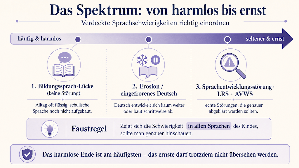 Spektrum verdeckter Sprachschwierigkeiten von der harmlosen Bildungssprach-Lücke bis zu echten Störungen