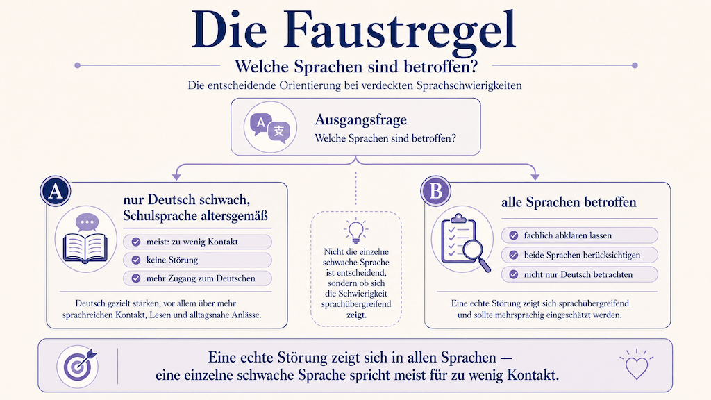 Entscheidungsgrafik: Ist nur das Deutsche schwach, geht es um Kontakt; sind alle Sprachen betroffen, fachlich abklären lassen