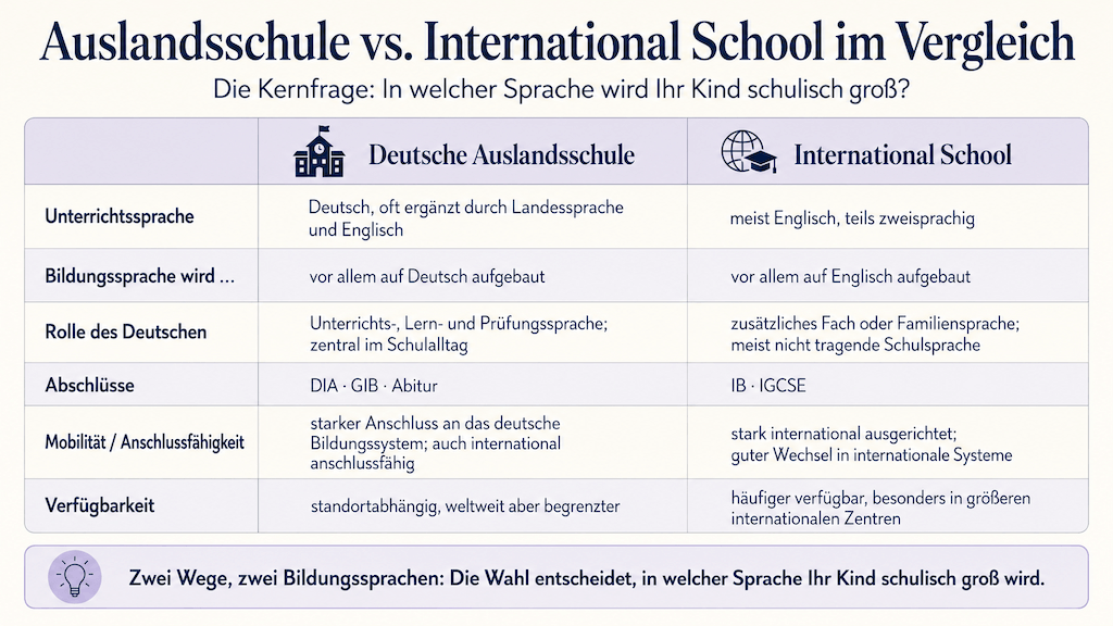 Vergleichstabelle Deutsche Auslandsschule und International School: Unterrichtssprache, Bildungssprache, Rolle des Deutschen, Abschlüsse, Mobilität, Verfügbarkeit