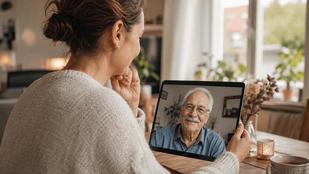 Erwachsenes Kind im Videocall mit älterem Elternteil im Ausland — Sorge und Fürsorge aus der Ferne (KI-generiert)