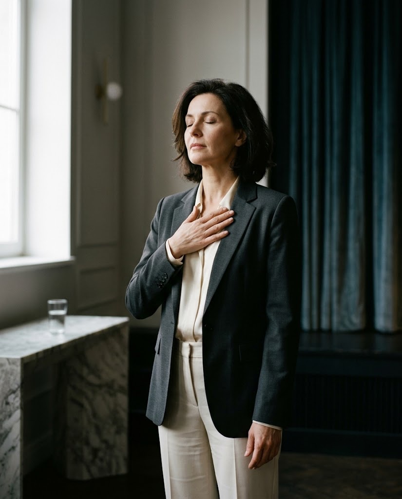 Führungsperson steht am Fenster, die Hand auf dem Brustbein, und sammelt sich mit ruhigem Atem vor einem Auftritt.
