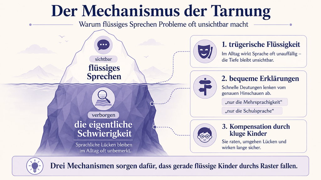 Grafik: Flüssiges Sprechen verdeckt eine Schwierigkeit; bequeme Erklärungen und Kompensation verhindern das Hinsehen