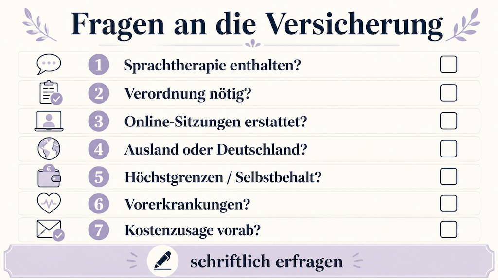 Checkliste der sieben Fragen, die man der Versicherung zur Sprachtherapie stellen sollte (KI-generiert) (KI-generiert)