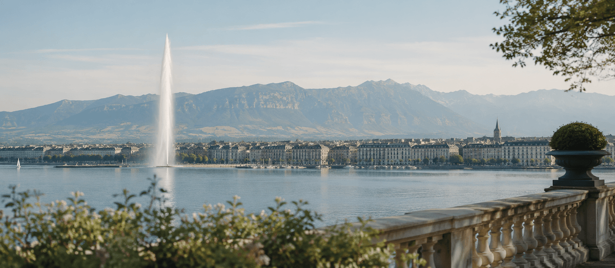 Genfersee mit Weinbergen im Morgenlicht