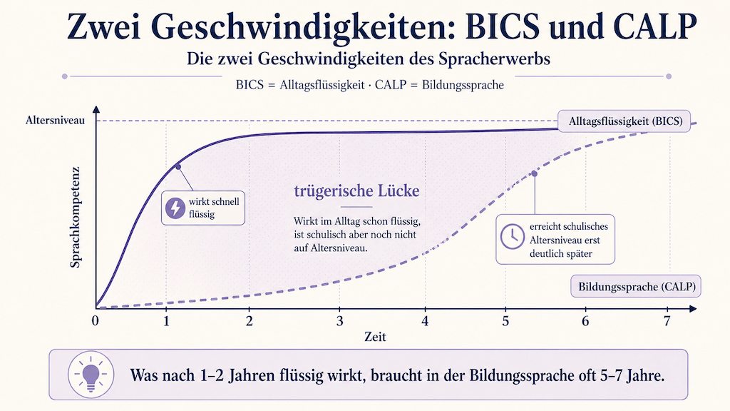 Grafik zweier Kurven: Alltagsflüssigkeit erreicht nach ein bis zwei Jahren ihr Niveau, Bildungssprache erst nach fünf bis sieben Jahren