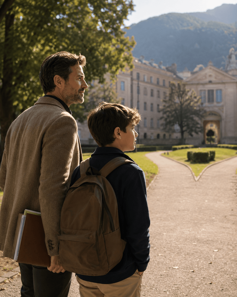 Vater und Sohn stehen vor einem Schulgebäude an einer Weggabelung.