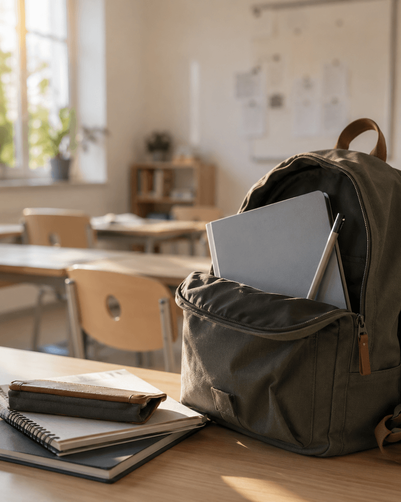 Ruhige Schulsituation an einer internationalen Schule, Tageslicht, aufgeräumter Arbeitsplatz