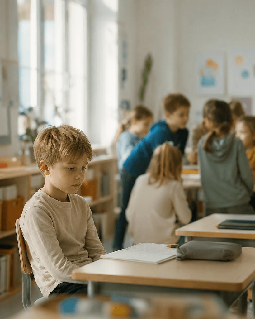 Stilles Kind am Rand einer Klasse — Schweigen in der Schule bei selektivem Mutismus (KI-generiert) (KI-generiert)
