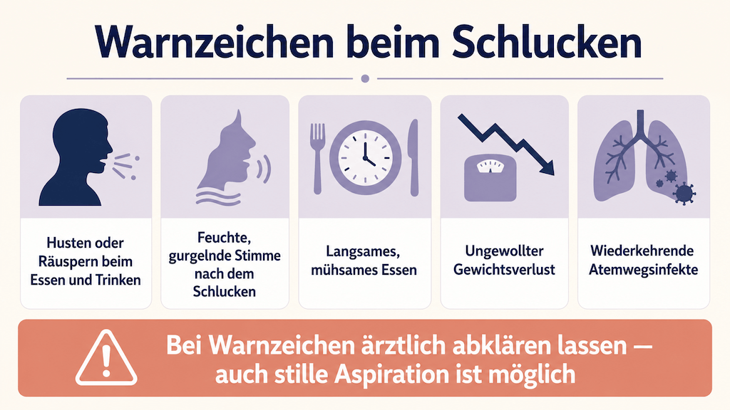 Grafik: Warnzeichen beim Schlucken — Husten beim Essen, feuchte Stimme, langsames Essen, Gewichtsverlust, wiederkehrende Atemwegsinfekte (KI-generiert)