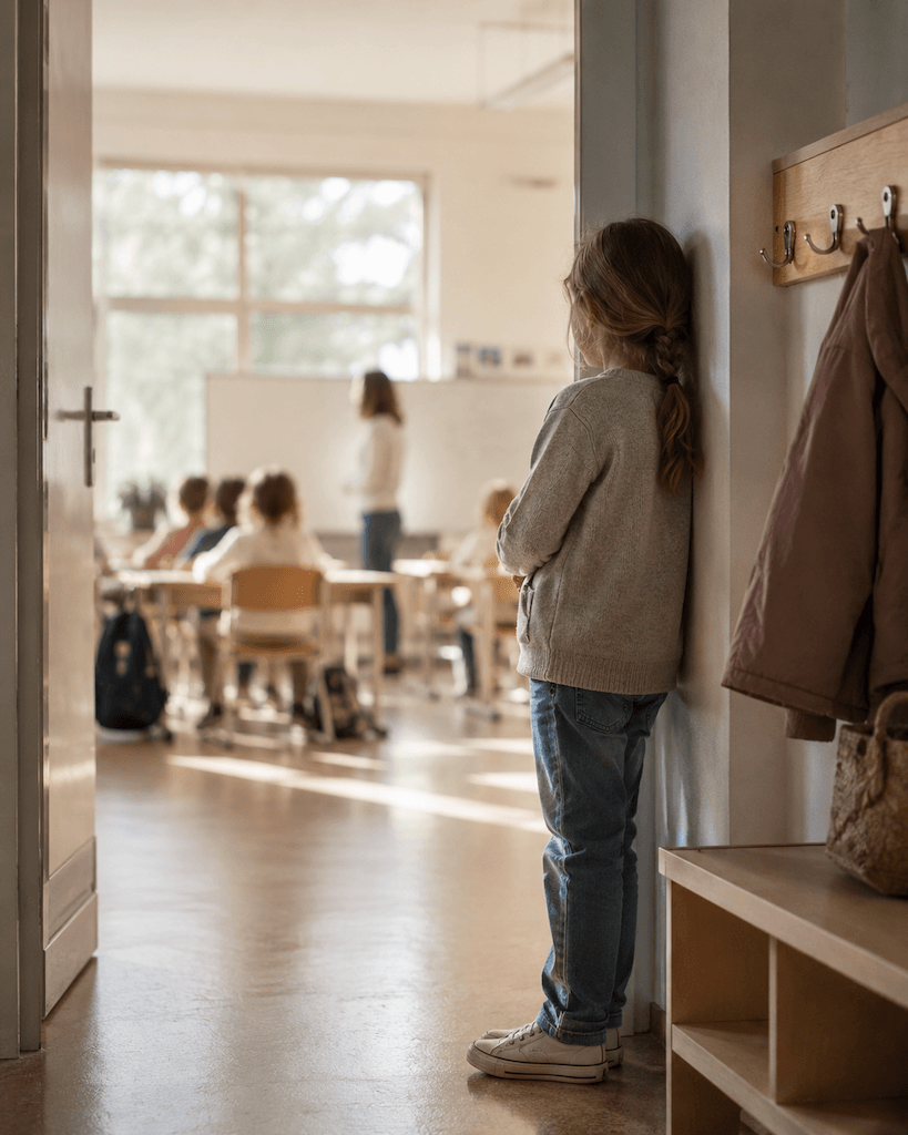Mädchen steht still an der Wand vor einem Klassenzimmer, die anderen Kinder sitzen im Unterricht